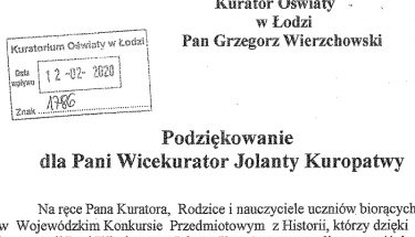 Skan pisma do ŁKO z podziękowaniami od nauczycieli i rodziców uczniów dla wicekuratora oświaty