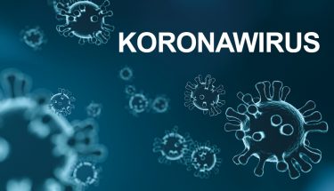 Obrazek, na którym widzimy cząsteczki wirusa i napis: koronawirus