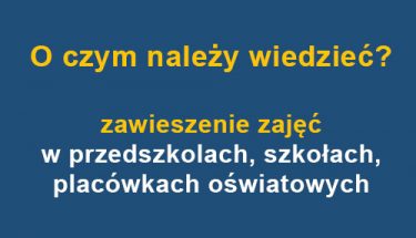 Baner. Niebieska plansza z napisem: o czym należy wiedzieć? zawieszenie zajęć w przedszkolach, szkołach, placówkach oświatowych