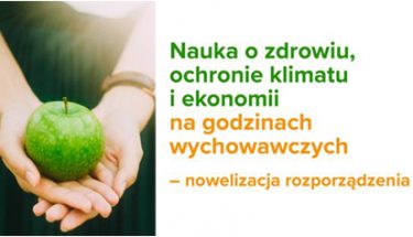 Baner MEN. Na zdjęciu dłonie na których leży jabłko, obok napis o nowelizacji rozporządzenia na temat nauki o zdrowiu i klimacie na lekcjach wychowawczych