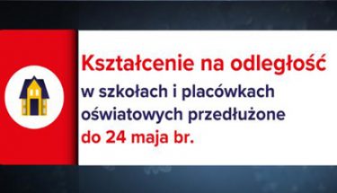 Baner MEN z napisem: Kształcenie na odległość w szkołach i placówkach przedłużone do 24 maja br.