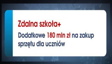 Baner MEN z napisem informującym o przekazaniu 180 mln zł na zakup sprzętu dla uczniów