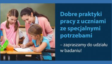 Baner MEN z napisem: Dobre praktyki pracy z uczniami ze specjalnymi potrzebami - zapraszamy do udziału w badaniu