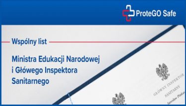 Obrazek zawierający logotyp aplikacji ProteGO Safe i napis: wspólny list Ministra Edukacji Narodowej i Głównego Inspektora Sanitarnego