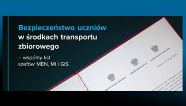 Baner MEN. Obrazek na którym widać fragment listu i napis: bezpieczeństwo uczniów w środkach transportu zbiorowego - wspólny list ministra edukacji, infrastruktury i Głównego Inspektora Sanitarnego