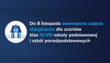 Baner z informacja o zawieszeniu zajęć stacjonarnych w klasach 4-8 szkół podstawowych