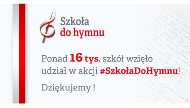 Baner z napisem: Szkoła do hymnu. Ponad 16 tys. szkół wzięło udział w akcji Szkoła Do Hymnu! Dziękujemy!