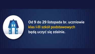 Grafika z napisem od poniedziałku, 9 listopada zawieszone zostają zajęcia stacjonarne dla uczniów klas I-III szkół podstawowych.