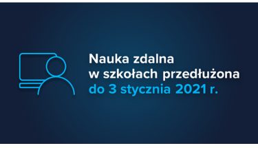 Baner z napisem: Nauka zdalna w szkołach przedłużona do 3 stycznia 2021 r.