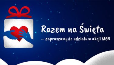 Grafika z gwieździstym niebem i śniegiem. Na środku logo akcji "Razem na Święta" oraz tekst "Razem na Święta – zapraszamy do udziału w akcji MEN"