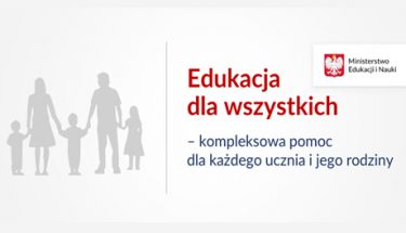 Grafika z ikoną wielodzietnej rodziny i tekstem: "Edukacja dla wszystkich – kompleksowa pomoc dla każdego dziecka, ucznia i jego rodziny