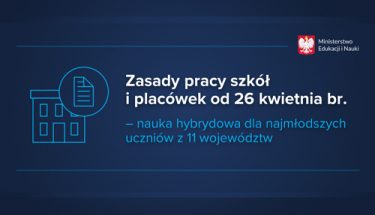 Granatowa grafika z napisem: Zasady pracy szkół i placówek od 26 kwietnia. Nauka hybrydowa dla najmłodszych uczniów z 11 województw