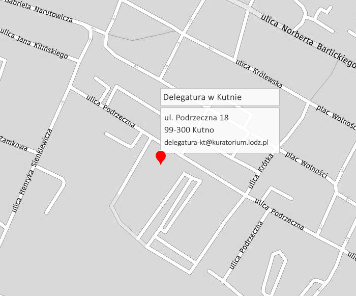 Fragment mapy Kutna z zaznaczona siedzibą Delegatury Kuratorium Oświaty w Łodzi: ulica Podrzeczna 18