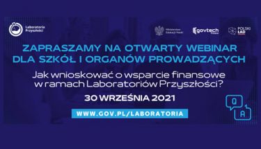 Grantowe tło z dużym błękitnym i białym napisem: Zapraszamy na otwarty webinar dla szkół i organów prowadzących Jak wnioskować o wsparcie finansowe w ramach Laboratoriów Przyszłości? 30 września 2021 wwww.gov.pl/laboratoria. Na górze logotypy Laboratoria Przyszłości , Ministerstwo Edukacji i Nauki, GovTech Polska oraz Polski Ład.