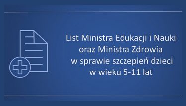 Granatowe tło. Na środku biały napis List Ministra Edukacji i Nauki oraz Ministra Zdrowia w sprawie szczepień dzieci w wieku 5-11 lat. Po prawej stronie błękitny piktogram kartki i krzyża. Na dole i na górze poziome błękitne kreski