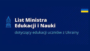Grafika - na niebieskim tle stalówka, flaga Ukrainy i napis List ministra dotyczący edukacji uczniów z Ukrainy