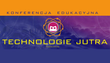 Grafika w kolorach pomarańczowym i rozne odcienie fioletu z napisem: konferencja edukacyjna technologie jutra
