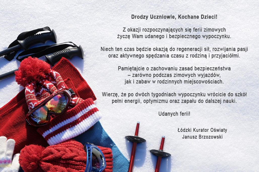 Grafika z życzeniami ŁKO dla dzieci z okazji ferii zimowych