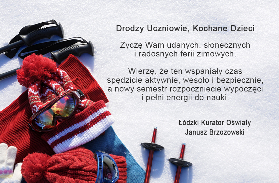 Grafika z życzeniami ŁKO dla dzieci z okazji ferii zimowych