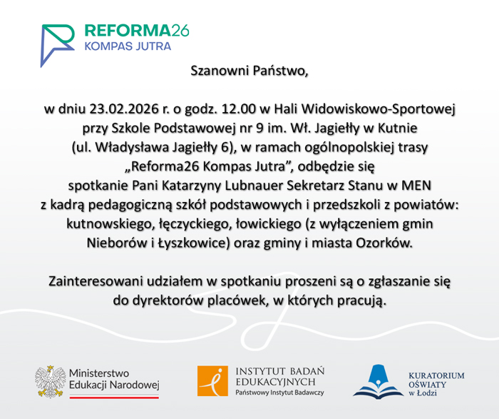 Grafika dotyczaca reformy kompas jutra z informacja o spotkaniu wiceminister z nauczycielami w Kutnie