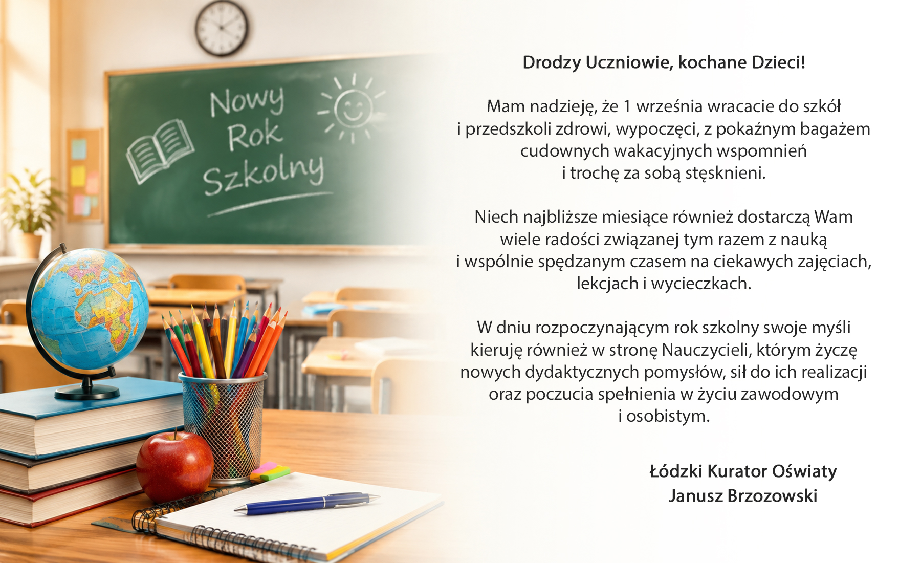 Grafika z życzeniami Kuratora Oświaty na nowy rok szkolny