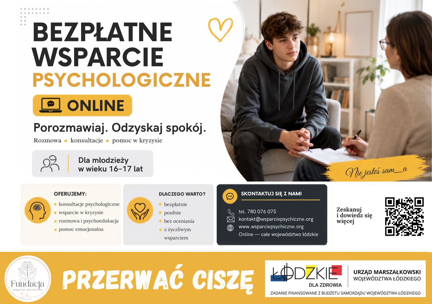 Grafika informująca o bezpłatnej pomocy psychologicznej dla młodzieży